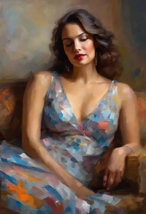 A painting of a woman with her eyes closed, leaning on her hand smiling, wearing a beautiful dress, with exposed cleavage, ((golden ratio}} laying on the sofa after a long night on the town, a sensual painting, a Beautiful expressive painting, Wadim Kashin...