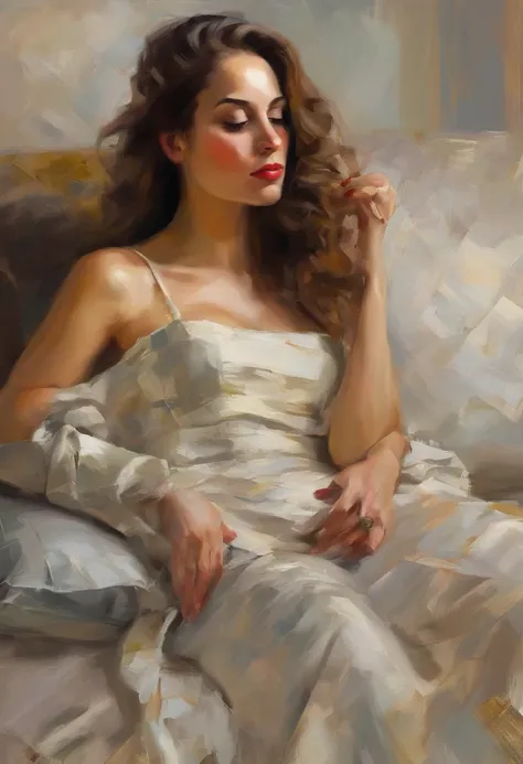 A painting of a woman with her eyes closed, leaning on her hand smiling, wearing a beautiful dress, with exposed cleavage, ((golden ratio}} laying on the sofa after a long night on the town, a sensual painting, a Beautiful expressive painting, Wadim Kashin...