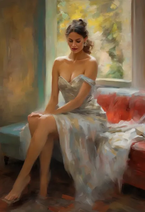 A painting of a woman with her eyes closed, leaning on her hand smiling, wearing a beautiful dress, with exposed cleavage, ((golden ratio}} laying on the sofa after a long night on the town, a sensual painting, a Beautiful expressive painting, Wadim Kashin...