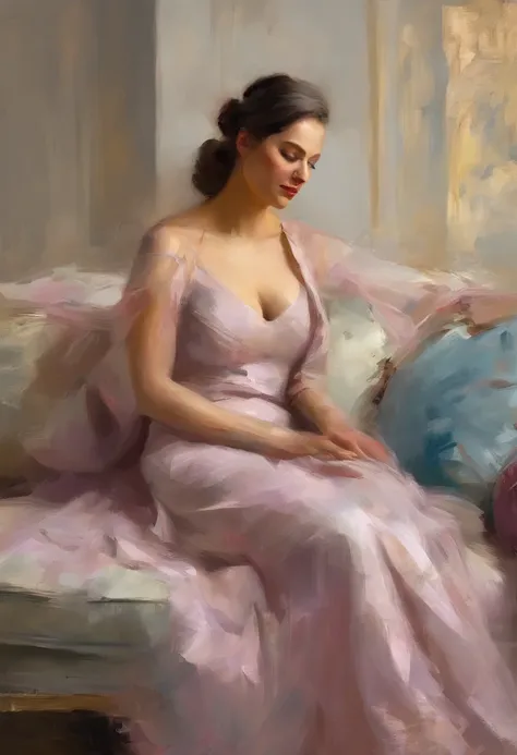 A painting of a woman with her eyes closed, leaning on her hand smiling, wearing a beautiful dress, with exposed cleavage, ((golden ratio}} laying on the sofa after a long night on the town, a sensual painting, a Beautiful expressive painting, Wadim Kashin...