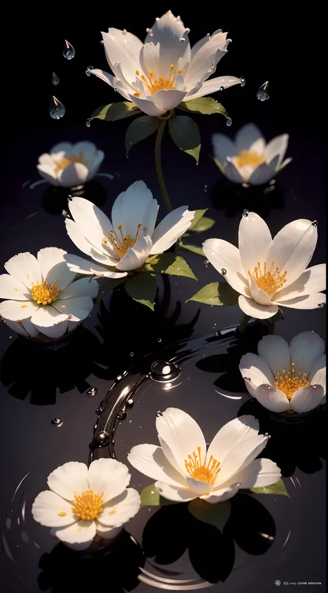 jasmine flowers, black background, water drop,