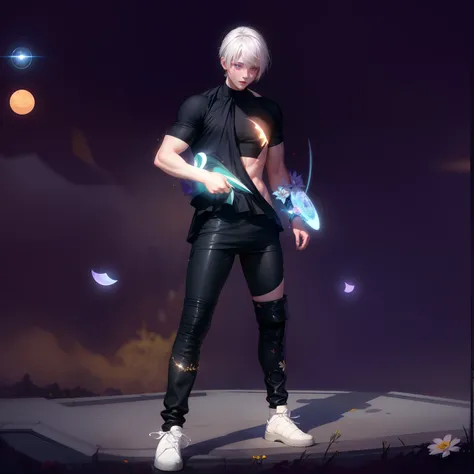 realistic, 1boy, white hair, purple eyes, glowing eyes, crop top, skirt, parted lips, blush, night, flowers, sun, sunlight,