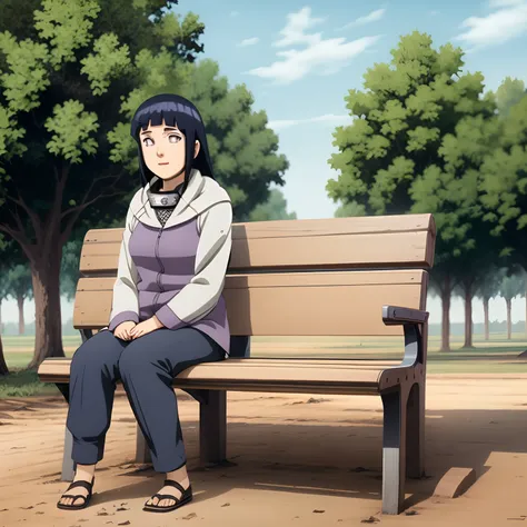 hinata hyuuga, cute smile, blushing, lovely park, sunny day, sitting at a bench