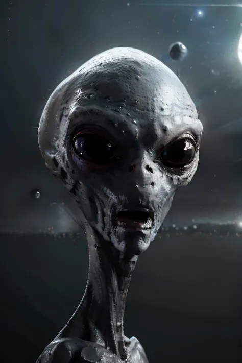 An alien beign, who has a big head, olhos grandes redondos e um corpo magro, It is gray and the background is a spaceship in outer space