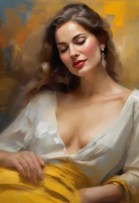 A painting of a woman with her eyes closed, leaning on her hand smiling, wearing a beautiful yellow dress, with exposed cleavage, ((golden ratio}} laying on the sofa after a long night on the town, a sensual painting, a Beautiful expressive painting, Wadim...