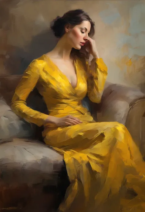 A painting of a woman with her eyes closed, leaning on her hand smiling, wearing a beautiful yellow dress, with exposed cleavage, ((golden ratio}} laying on the sofa after a long night on the town, a sensual painting, a Beautiful expressive painting, Wadim...