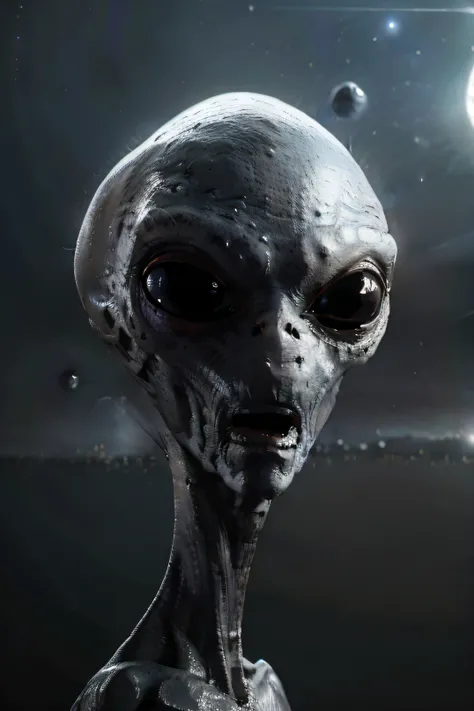 an alien beign, who has a big head, olhos grandes redondos e um corpo magro, it is gray and the background is a spaceship in out...