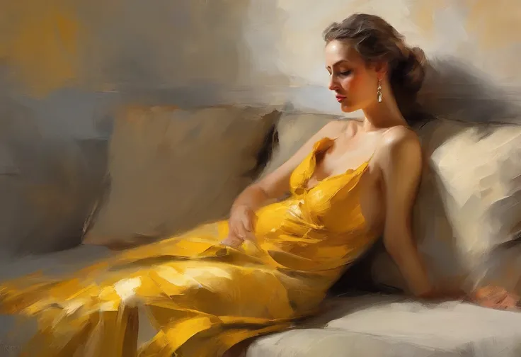 A painting of a woman with her eyes closed, leaning on her hand smiling, wearing a beautiful yellow dress, with exposed cleavage, ((golden ratio}} laying on the sofa after a long night on the town, a sensual painting, a Beautiful expressive painting, Wadim...