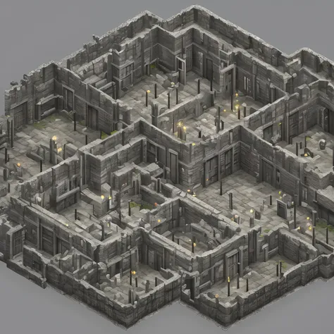 jail, Large building, A lot of rooms, A lot of outputs, Isometric RPG style, ..3d, candle lighting.