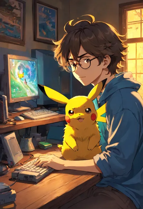 homem jovem, with wavy hair wearing glasses and playing at the computer in the bedroom, com um pikachu no colo de noite