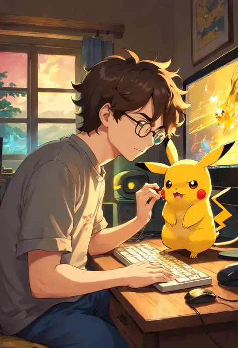 homem jovem, with wavy hair wearing glasses and playing at the computer in the bedroom, com um pikachu no colo de noite