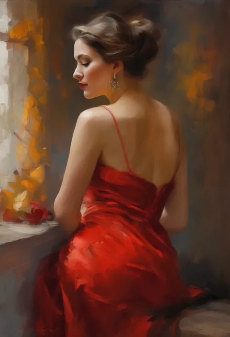 A painting of a woman with her eyes closed, leaning on her hand smiling, wearing a beautiful red dress, with exposed cleavage, ((golden ratio}} laying on the sofa after a long night on the town, a sensual painting, a Beautiful expressive painting, Wadim Ka...