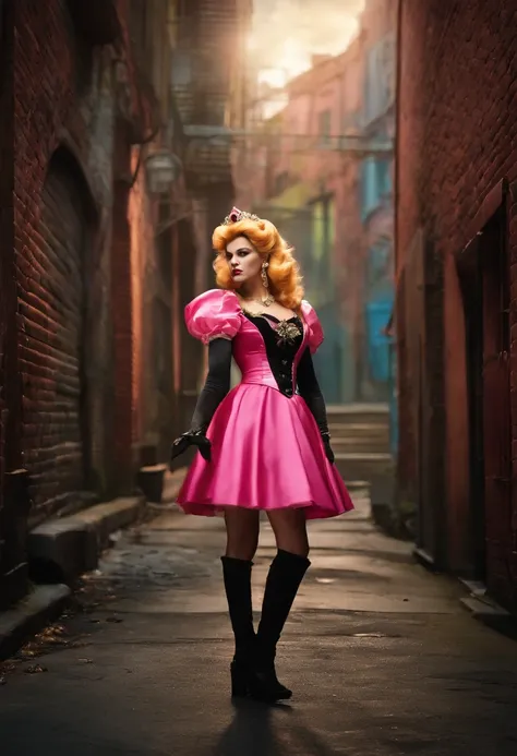 punk-rocker princess peach in a dark alley