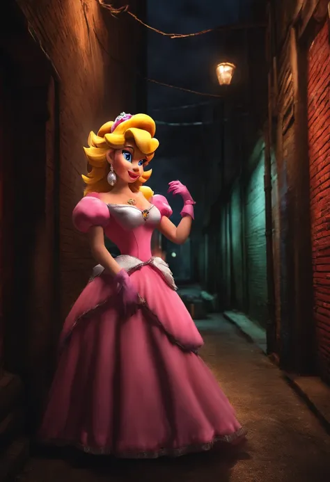 punk-rocker princess peach in a dark alley