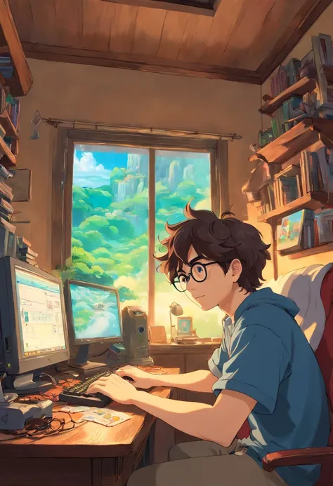 homem jovem, with wavy hair wearing glasses and playing at the computer in the bedroom