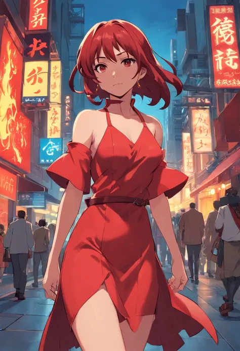 female Hellboy in the city,  wearing a Red dress, Perfect Body, Perfect face, Perfect hands, Perfect, Legs, In a City in Fire, detailed and Intricated, bioluminicense, HD