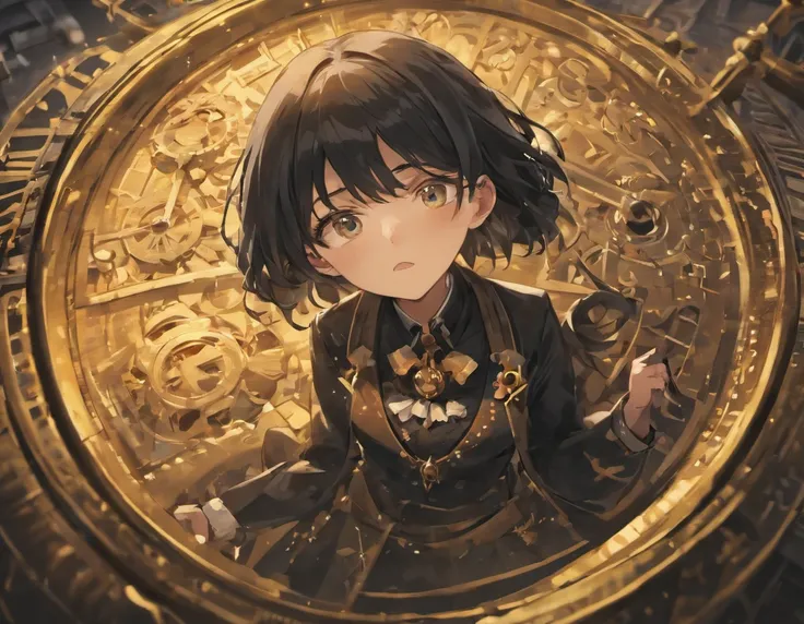 The Antique Pocket Watch: A close-up image of the mysterious gold pocket watch that Gabrielly (5 years, black hair,black eyes,black sclera) found in the attic, with details of symbols and antique prints.floor in rain,night