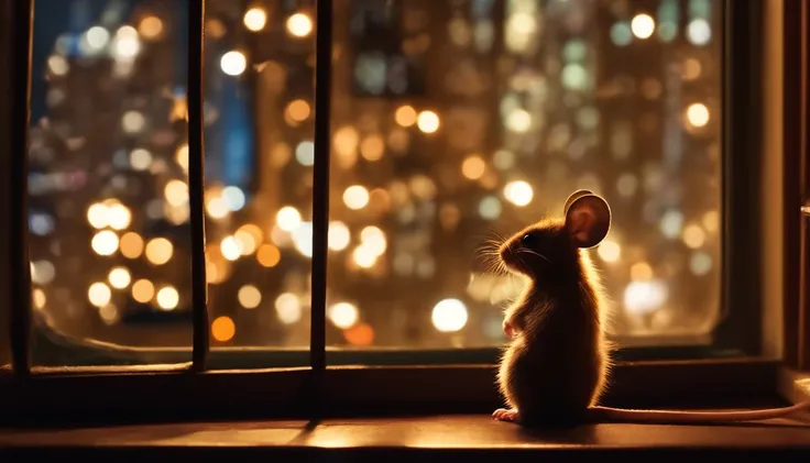 cute mouse sitting in the window sill, nighttime,looking at the new york city lights in the windows,