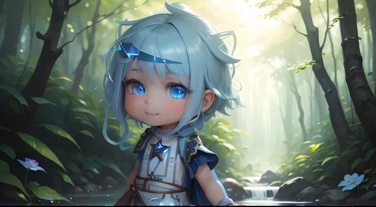 (best quality,4k,8k,highres,masterpiece:1.2),ultra-detailed,(realistic,photorealistic,photo-realistic:1.37),anime, boy with blue hair and blue eyes in a magical forest,surrounded by colorful flowers,soft sunlight streaming through the tall trees,listening ...