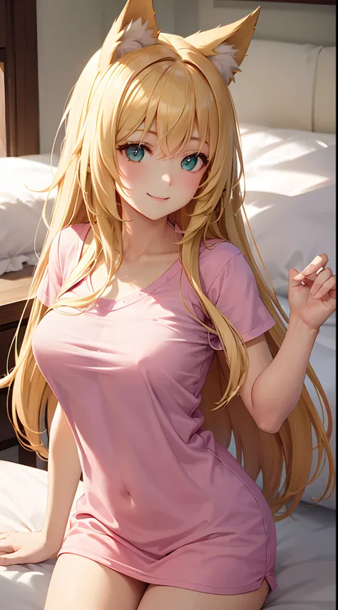 1 girl, long pink t shirt until thighs, home, laying on the bed, sunbather position , long blonde hair, green colour eyes, smiling, excited, beautiful, pale skin, perfect body figure, B Cup size breast 1:3, cute , Wolf ears