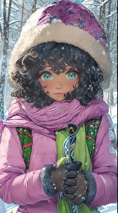 ((((Masterpiece, hiquality, absurdress) 1Woman, black hair, curly hair, Afro-curly hair, Green eyes, a perfect face, the perfect body, big breastes, short stature, very dark skin, 独奏, ((Best Quality)), ((Masterpiece)), (Detailed:1.4), Detailed eyes and fac...