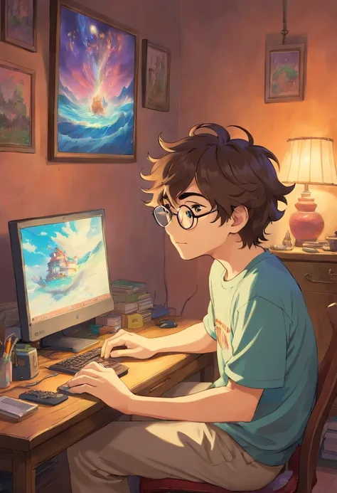 homem jovem, with wavy hair wearing glasses and playing at the computer in the bedroom