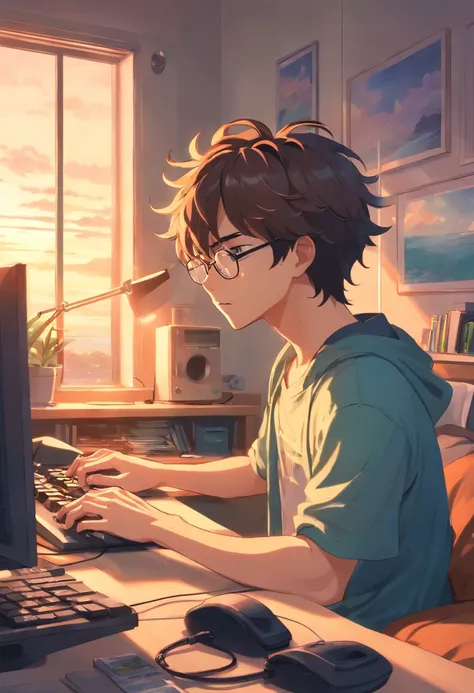 homem jovem, with wavy hair wearing glasses and playing at the computer in the bedroom