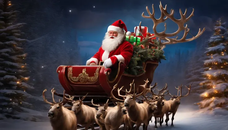 santa claus in a sleigh, eight reindeer pulling it, nightime, new york city