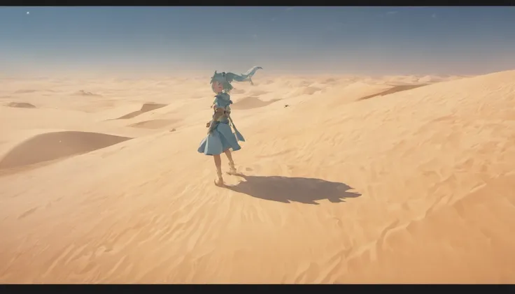 Aerial view of the vast desert sandtops，There is no end in sight、Look down from above、highly detailed back ground，Realistic，ultra - detailed，Super detailed skin，light glow，filmgrain，Expro II，Lens flare，Sharpen，cinematic shadow