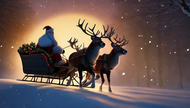 santa claus in a sleigh, eight reindeer pulling it, flying in the sky  nightime, new york city