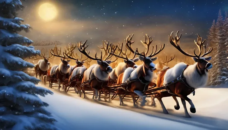 santa claus in a sleigh, eight reindeer pulling it, flying in the sky  nightime, new york city