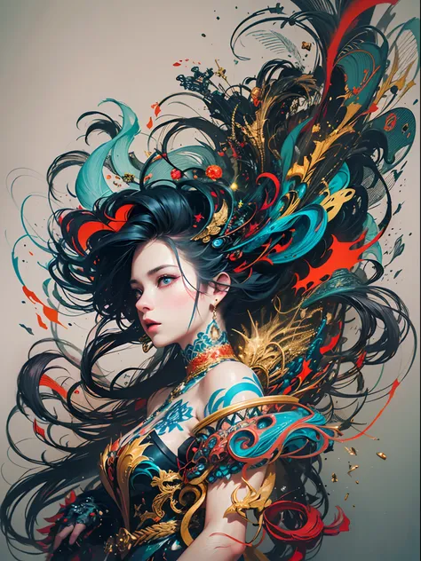 official art, unity 8k wallpaper, ultra detailed, beautiful and aesthetic, masterpiece, best quality, (zentangle, mandala, tangle, entangle), (fractal art:1.3) , 1girl, extremely detailed, dynamic angle, cowboyshot, the most beautiful form of chaos, elegan...