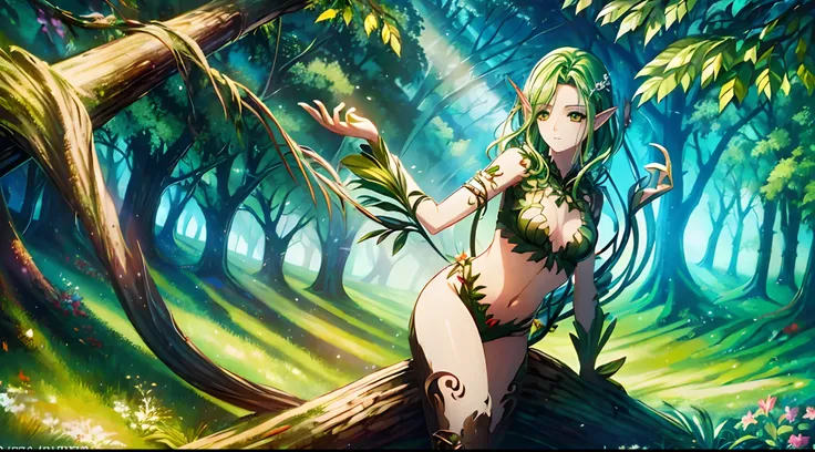 Woman sitting on a tree branch in the forest, Goddess of the Forest, Elegant dryad, nature goddess, dryad, Forest Dryad, nature goddess, Dryad Martial Arts Master, Dryad in the Forest, The mythology of the goddess of the earth, Queen of the Summer Forest, ...