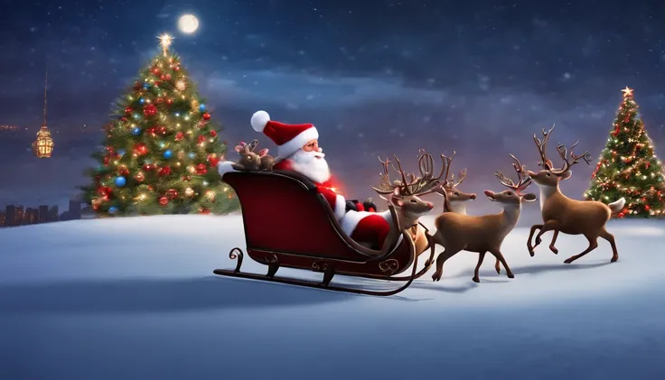 santa claus in a sleigh with a cute mouse in a red sweater sitting next to him, eight reindeer pulling it, flying in the sky  nightime, new york city