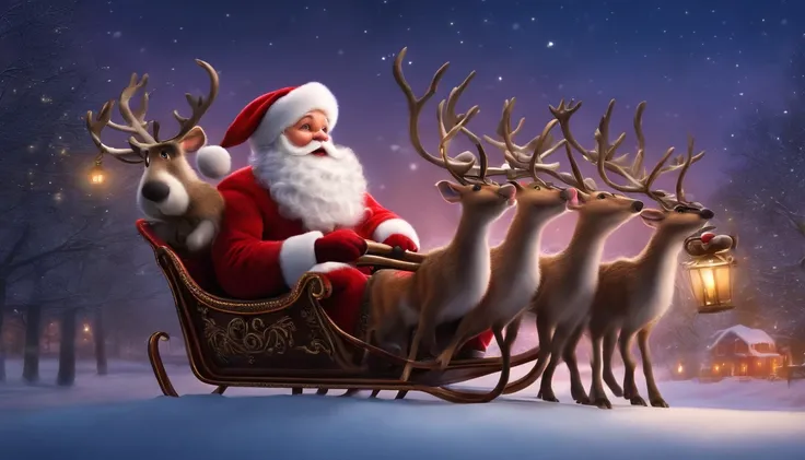 santa claus in a sleigh with a cute mouse in a red sweater sitting next to him, eight reindeer pulling it, flying in the sky  nightime, new york city