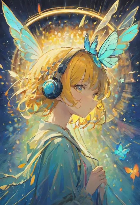 girl wearing headphones with butterfly wings, rich details, van gogh style, 8k, oil painting.