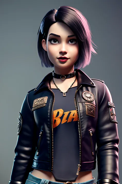 (pixarstyle:1.25) a waist-length portrait of a punk girl in a leather jacket, bob hairstyle, choker, natural skin texture, 4k textures, hdr, intricate, highly detailed, sharp focus, cinematic look, hyperdetailed