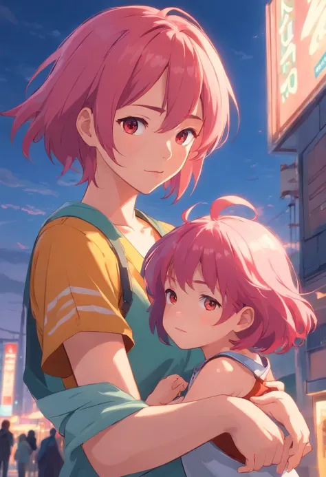 Homem jovem, Young woman with pink hair and child woman with red hair together