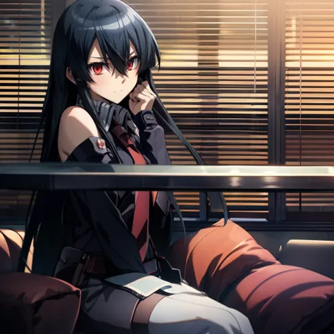 akame (akame ga kill), sitting on a couch