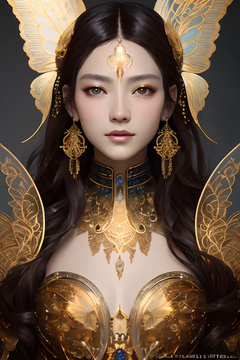 8k portrait of beautiful cyborg with brown hair, intricate, elegant, highly detailed, majestic, digital photography, art by artgerm and ruan jia and greg rutkowski surreal painting gold butterfly filigree, broken glass, (masterpiece, sidelighting, finely d...