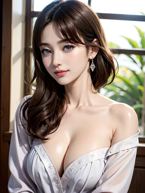 (masuter piece、Best Quality、Top image quality、high-detail、top-quality、Top resolution、Draw everything in high resolution、extremely beautiful lady)、Intense crystal light blue eyes、very pale colored eyes、Smaller diamond-shaped earrings、Look firmly at the came...