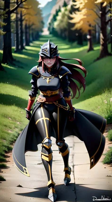 ((Masterpiece, Best Quality)): 1Girl, Princess Ryuko matoi wearing : Heavy red black and gold Knight Armor, black knight shoulder pauldrons, heavily armored black knight helmet, heavy mech armor, draconian armor, cyber armor red and black, gold belt, heavy...