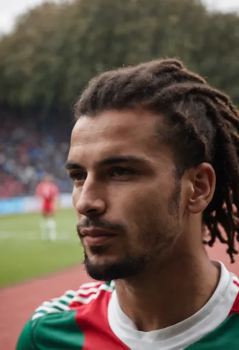 Homem soccer player de Portugal, de dreadlock curto, na cidade de Leicester