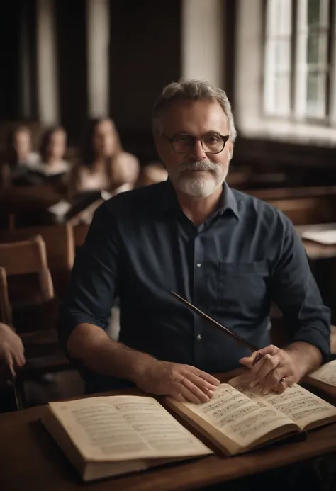 Portrait of a music teacher who created a music book for band students to study, His play various wind instruments and study with the teachers book with great dedication