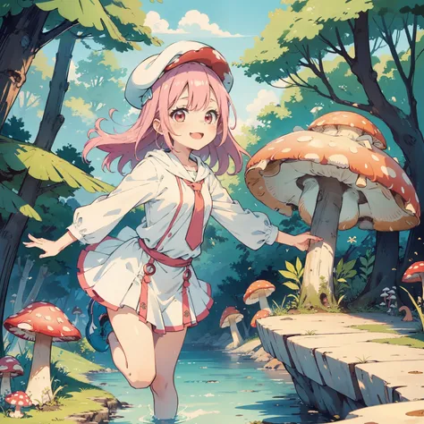 1girll, Pink hair, Red eyes, dress, (Solo:1.3),Simple drawing, Mushrooms and girls, huge boob, Big smile, Mushrooms + Mushrooms + Mushrooms + Mushrooms + Mushrooms,Red mushrooms，Cyan mushrooms，White mushrooms, Mushrooms grow on the body，From the side Side，...