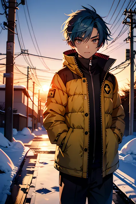 young boy, blue hair, long hairstyle, black eyes, wearing a yellow puffer jacket, in the snow, sunset, 4k,