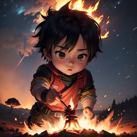 Hiro Controlando o Fogo: Crie uma imagem de Hiro mostrando seu controle sobre o elemento fogo. It could be an explosion of controlled flames or a moment when he lights a bonfire for the village.