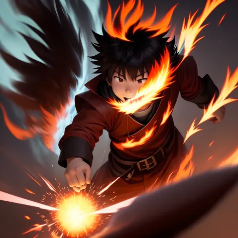 Hiro Controlling Fire: Create an image of Hiro showcasing his control over the element of fire. It could be an explosion of controlled flames or a moment where he lights a fire for the village.