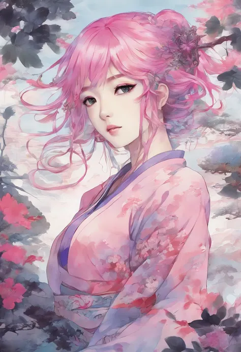 (masterpiece,best quality:1.2),traditional Chinese ink painting,pink hair,purple eyes,Yae Miko,naked body