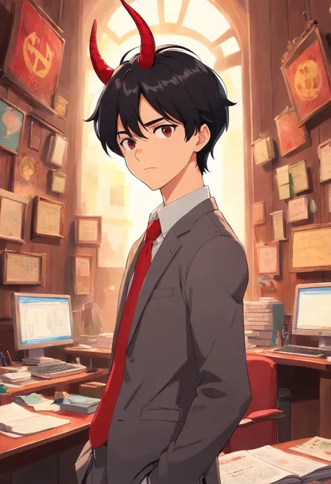 Anime boy,black hair,red strand, horns tail,office clothes